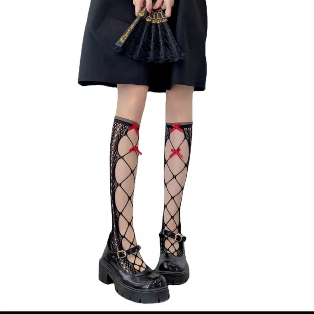 HP!NIP 2 Pack Sexy Gothic Lolita Black Crochet Fishnet Red Bow Knee High Nylons! - Picture 2 of 5